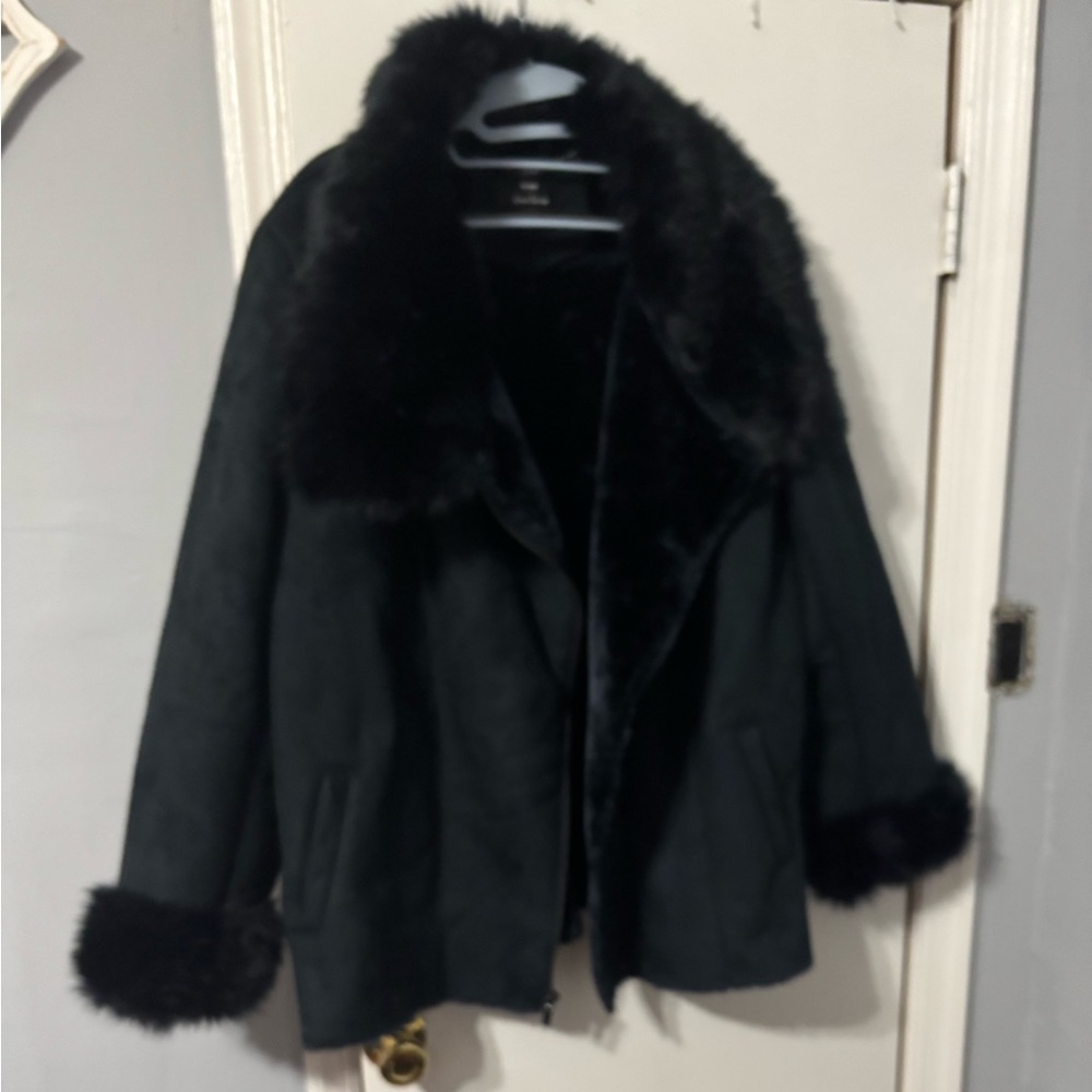 Black Faux Suede & Fur Trim Coat by Dennis Basso.